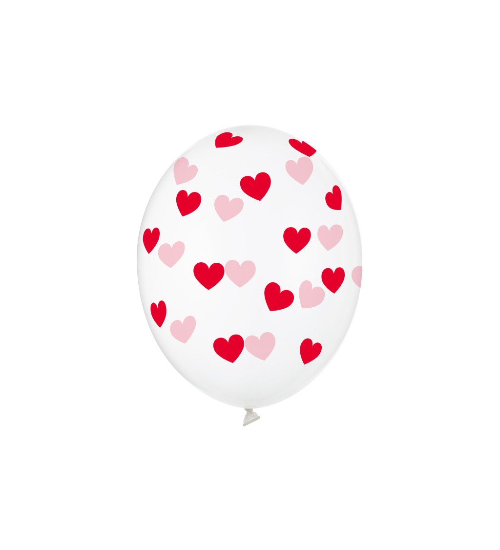 Balónek průhledný - červená srdíčka - 6 ks
