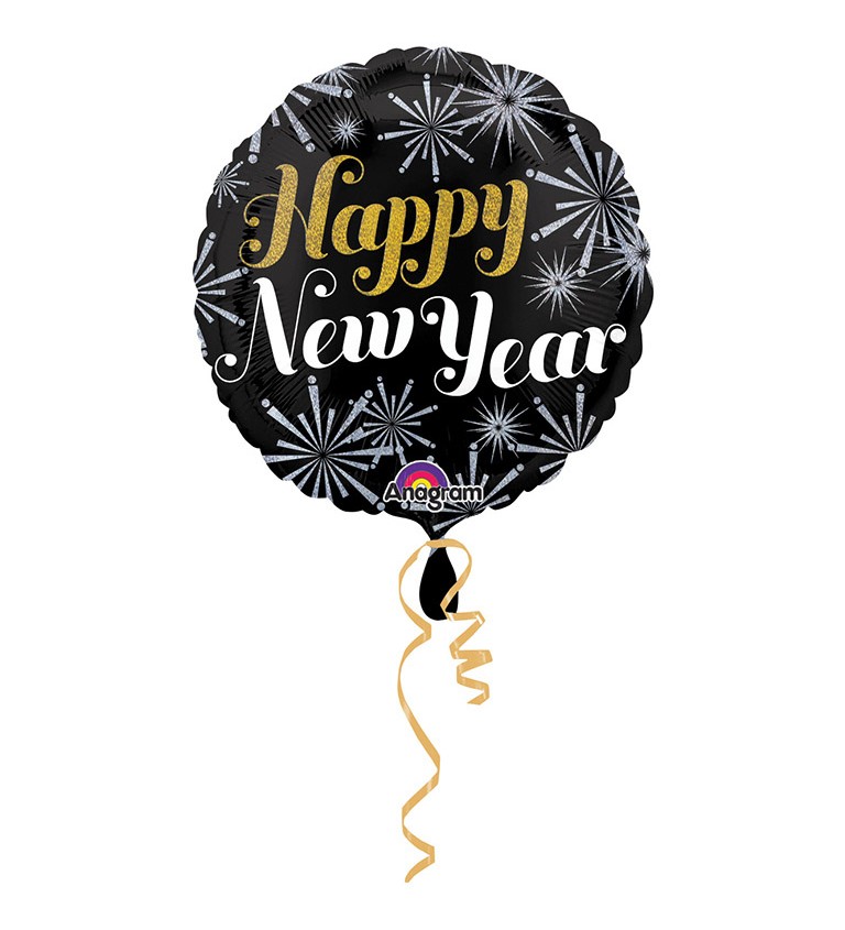 Černý balónek Happy New Year - kulatý