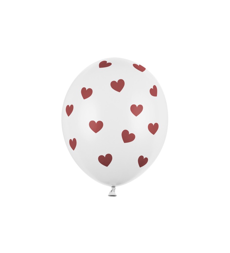 Bílý balónek červená srdce - 6ks