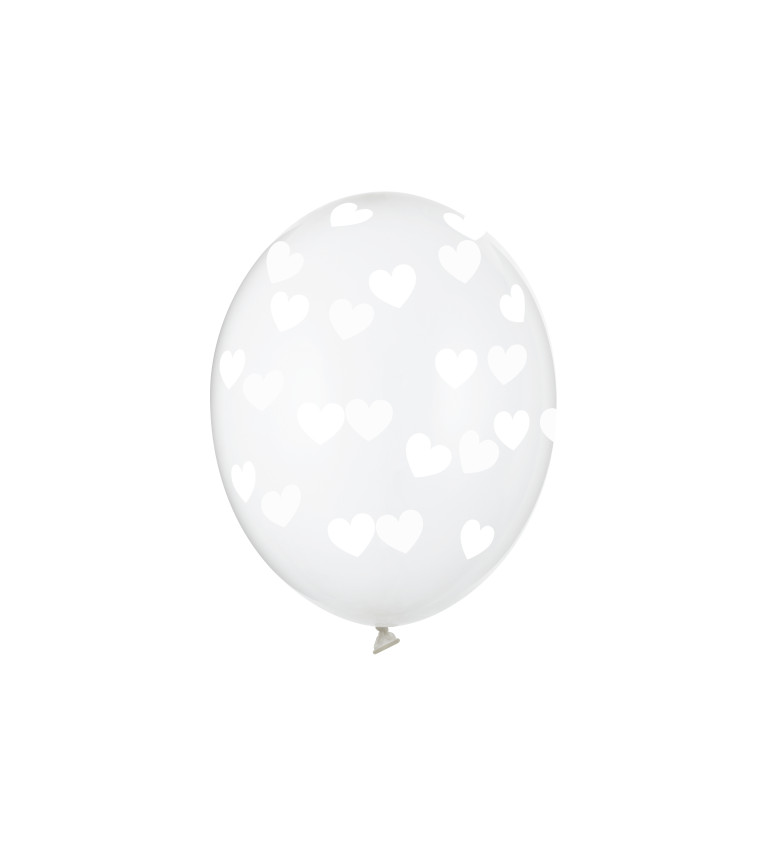 Balónek průhledný - bílá srdíčka - 6 ks