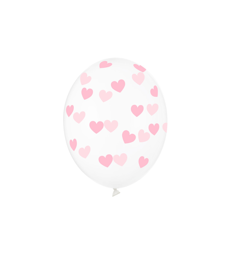 Balónek průhledný - růžová srdíčka - 6 ks