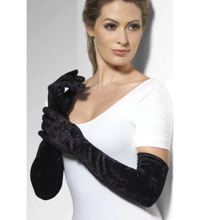 Dlouhé sametové rukavice - černá barva