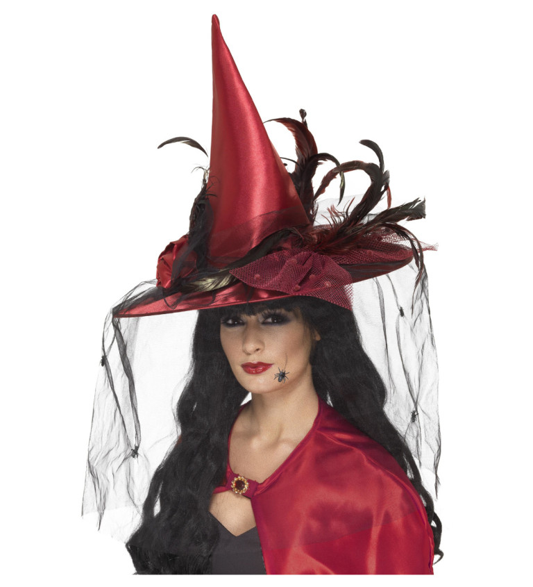 Červený klobouk s peřím a síťkou - Čarodějnice