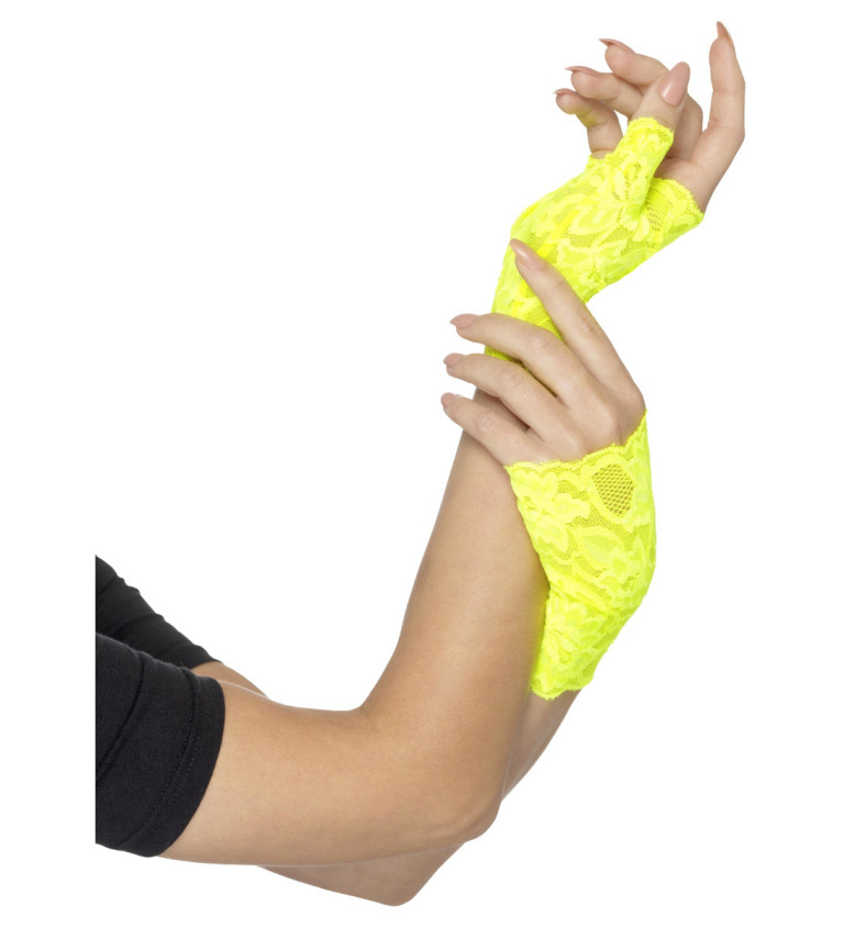 Krajkované rukavičky bez prstů - neonově žluté