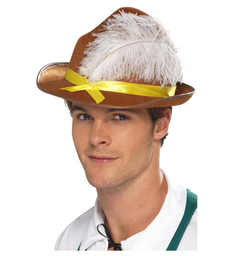 Hnědý bavorský klobouk - bílé peří